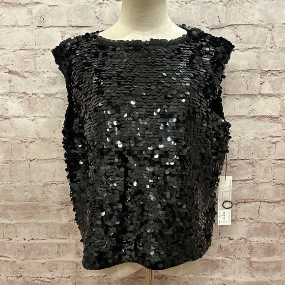 Worth Tops - Worth Womens Black Silk Blend Sequined Knit Embellished Pullover Top Size XL NEW